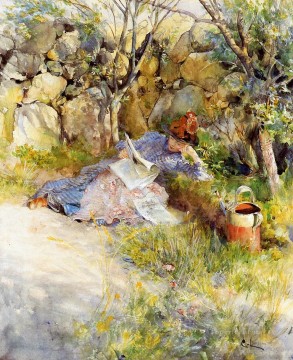  Larsson Canvas - A Lady Reading a Newspaper Carl Larsson